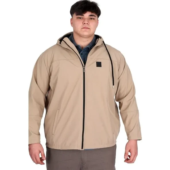 Büyük Beden Erkek Kapüşonlu Mont Waterproof Softshell 21235 Bej ürün görseli 1