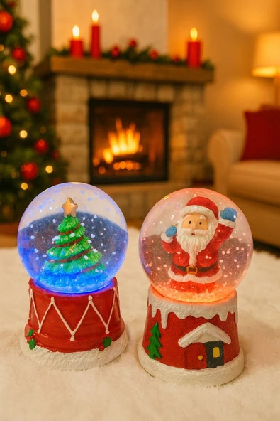 Yeni Yılın En Güzel Hediyesi Yılbaşı 2 Adet Led Işıklı 6,5 cm Noel Baba Yılbaşı Çam Ağacı Kar Küresi ürün görseli 1