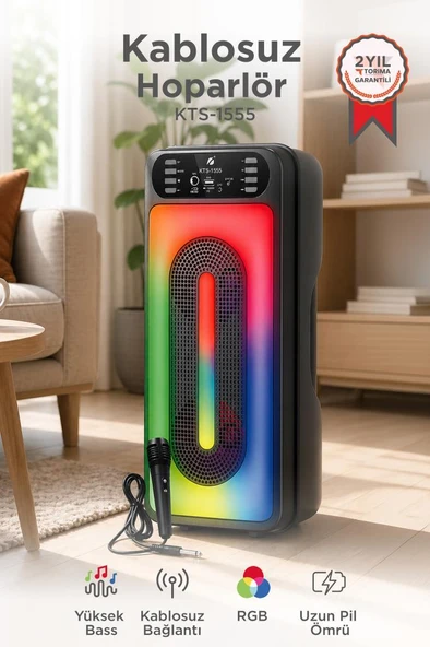Bluetooth Hoparlör Mikrofonlu Rgb Işıklı Kablosuz Speaker KTS-1555 Siyah ürün görseli 1