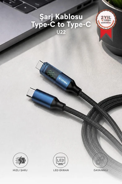 Şarj Kablosu Type-C to Type-C 60W Data Kablo U22 Siyah ürün görseli 1