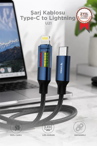 Şarj Kablosu Type-C to Lightning Led Ekranlı Hızlı 27W Örgü Data Kablo U21 Siyah ürün görseli 1