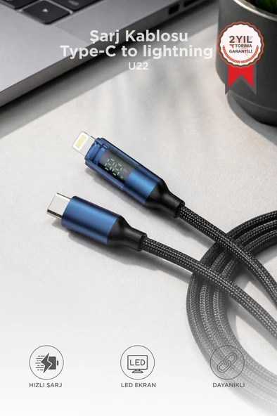 Şarj Kablosu Type-C to Lightning 27W Data Kablo U22 Siyah ürün görseli 1