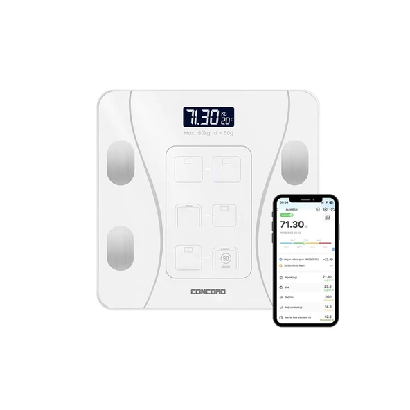 Concord C-W01 Dijital Akıllı Bluetooth Baskül - Beyaz - Pil Hediyelidir ürün görseli 1