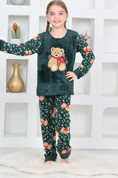 Kız Çocuk Welsoft Kumaş-Göz Bantlı Ayıcık Baskılı Pijama Takımı 12293 ürün görseli 1