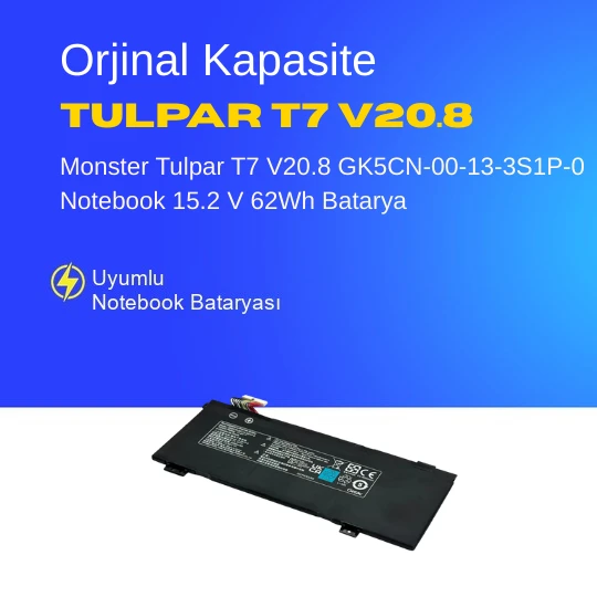 Monster Tulpar T7 V20.8 GK5CN-00-13-3S1P-0 Notebook 15.2 V 62Wh Batarya – Orjinal Uyumlu, Yüksek Performanslı ürün görseli 1
