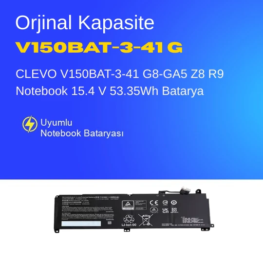 CLEVO V150BAT-3-41 G8-GA5 Z8 R9 Notebook 15.4 V 53.35Wh Batarya – Orjinal Uyumlu, Yüksek Performanslı ürün görseli 1