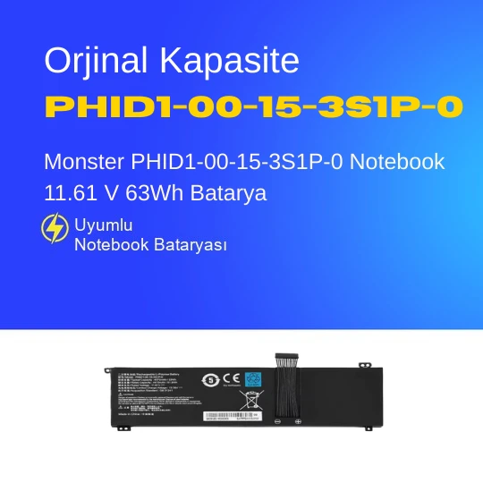 Monster PHID1-00-15-3S1P-0 Notebook 11.61 V 63Wh Batarya – Orjinal Uyumlu, Yüksek Performanslı ürün görseli 1