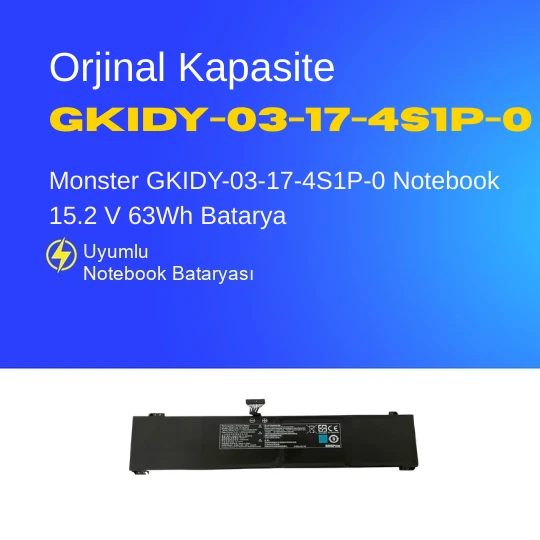 Monster GKIDY-03-17-4S1P-0 Notebook 15.2 V 63Wh Batarya – Orjinal Uyumlu, Yüksek Performanslı ürün görseli 1