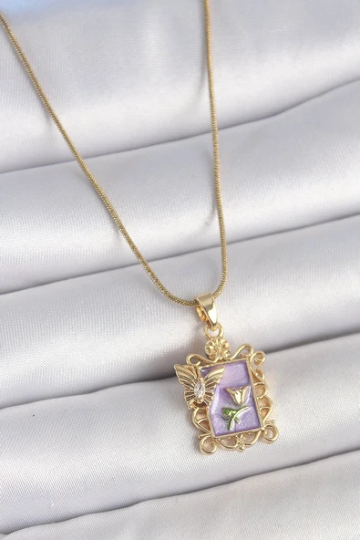 316L Çelik Gold Renk Zincir Mor Mineli Çiçek İşlemeli Zirkon Taşlı Kelebek Detay Portre Model Kadın Kolye - TJ-BKO10190 ürün görseli 1