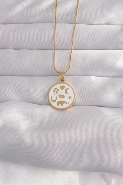 316L Çelik Gold Renk Beyaz Mineli Karışık Figürlü Tarot Kolye - TJ-BKO9041 ürün görseli 1