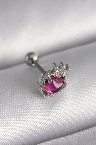 316L Çelik Gümüş Renk Pembe Mineli Kalp Zirkon Taş Detaylı Taç Tragus Piercing - TJ-PR1263 ürün görseli 1