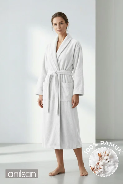 Şalyaka Bornoz Beyaz %100 Pamuk Unisex Spa Için Ideal Kadın/Erkek ürün görseli 1
