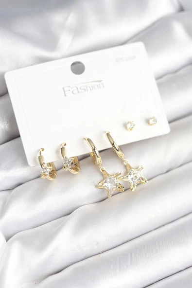 Pirinç Gold Renk Yıldız Model 925 Gümüş Çivili Kadın Küpe Seti - TJ-BKP11256 ürün görseli 1