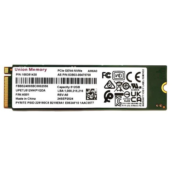 Union Memory AM6A0 512GB Pcie Gen4x4 3900-3100 MB/s 2280 m.2 NVMe SSD OEM ürün görseli 1