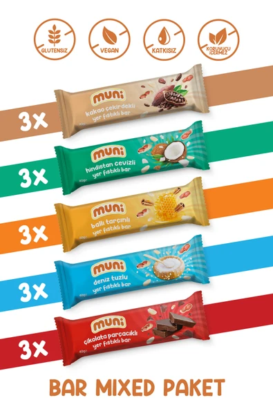 muni Proteinli Vegan Yer Fıstığı Bar Sağlıklı Atıştırmalık Paketi 40 gr*15 adet ürün görseli 1