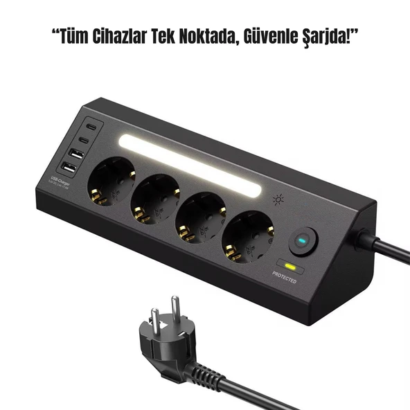 4’lü Akım Korumalı Priz  2 USB-C 2 USB-A Çıkış  LED Işıklı Şarj İstasyonu  2 Metre Kablo  Hızlı ve Güvenli Kullanım ürün görseli 1