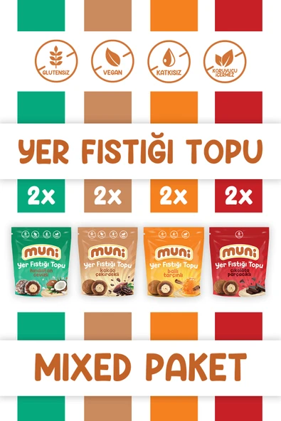muni Karma Yer Fıstığı Topları Sağlıklı Atıştırmalık Paketi * 8 adet (Glutensiz/Şeker İlavesiz) ürün görseli 1