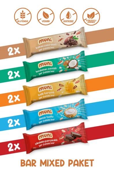 muni Proteinli Vegan Yer Fıstığı Bar Sağlıklı Atıştırmalık Paketi 40 gr*10 adet ürün görseli 1