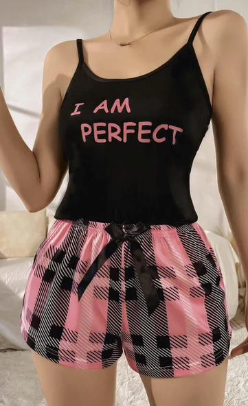 Kadın Siyah Kare Desenli Askılı Şortlu Pijama Takım 5012 ürün görseli 1