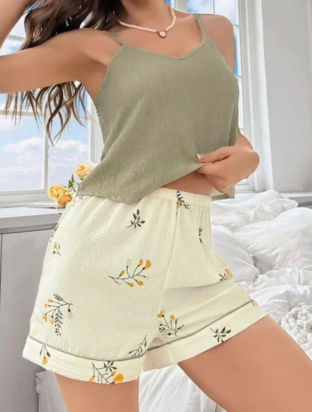 Kadın Ekru Çiçek Baskılı Şortlu Gecelik Pijama Takımı 5099 ürün görseli 1