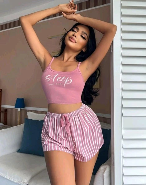 Kadın pembe çizgili desen Askılı Şortlu Pijama Takım 5002 ürün görseli 1