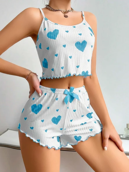 Kadın Beyaz Mavi Kalp Desenli Askılı Şortlu Pijama Takım 5043 ürün görseli 1