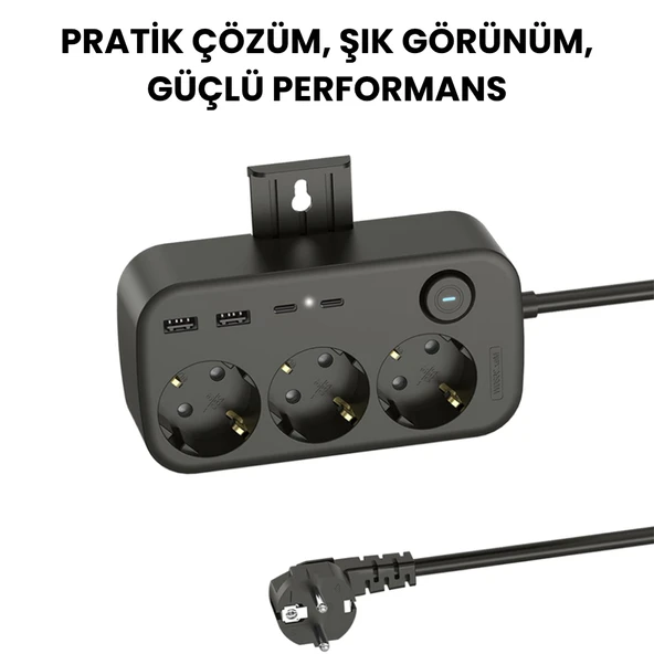 3’lü Akım Korumalı Priz  2 USB VE 2 Type-C Girişli  Anahtarlı ve Duvara Monte Edilebilir Uzatma Kablosu  Siyah ürün görseli 1