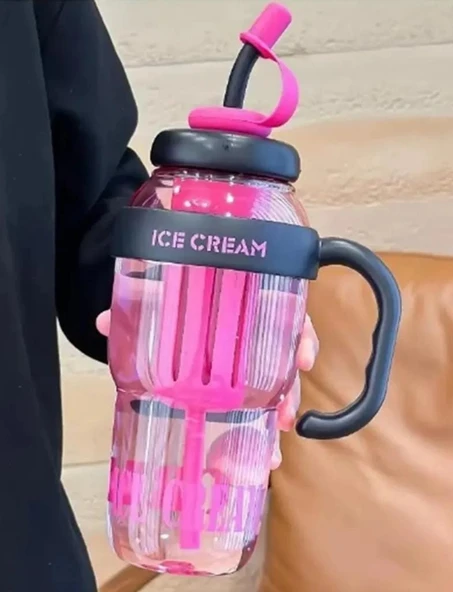 ICE CREAM Tasarımlı Pipetli Suluk 1.3 Litre Büyük Hacimli, Şeffaf Renkli Matara, Sızdırmaz Kapak ürün görseli 1