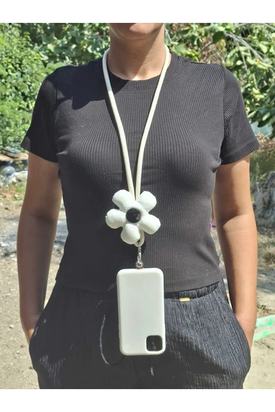 TÜM KILIFLARA UYUMLU EKRU ÇİÇEKLİ TELEFON BOYUN ASKISI ürün görseli 1