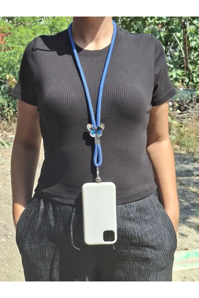 TÜM KILIFLARA UYUMLU MAVİ KELEBEK TELEFON BOYUN ASKISI ürün görseli 1