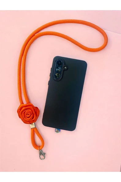 Tüm Kılıflara Uyumlu Turuncu Çiçek Aksesuarlı Boyun Telefon Askısı ürün görseli 1