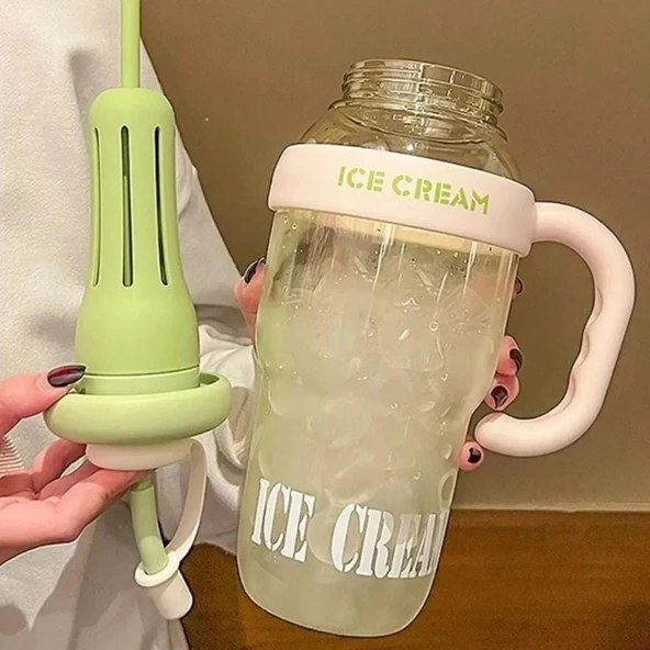 ICE CREAM Tasarımlı Pipetli Suluk 1.3 Litre Büyük Hacimli, Şeffaf Renkli Matara, Sızdırmaz Kapak ürün görseli 1