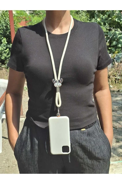 TÜM KILIFLARA UYUMLU EKRU KELEBEK TELEFON BOYUN ASKISI ürün görseli 1
