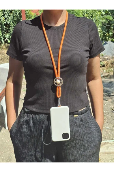 TÜM KILIFLARA UYUMLU TURUNCU İNCİLİ TELEFON BOYUN ASKISI ürün görseli 1