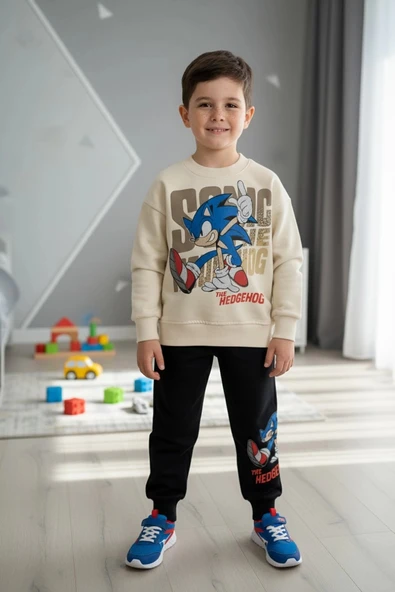 Sonic Desenli Krem Renk Erkek Çocuk Eşofman Takım ürün görseli 1