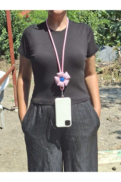 TÜM KILIFLARA UYUMLU PEMBE ÇİÇEKLİ TELEFON BOYUN ASKISI ürün görseli 1