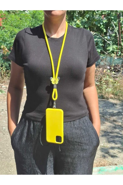 TÜM KILIFLARA UYUMLU SARI KELEBEK TELEFON BOYUN ASKISI ürün görseli 1