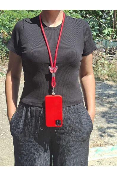 TÜM KILIFLARLA UYUMLU KIRMIZI KELEBEKLİ TELEFON BOYUN ASKISI ürün görseli 1