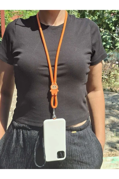 TÜM KILIFLARA UYUMLU TURUNCU LABUBU TELEFON BOYUN ASKISI ürün görseli 1