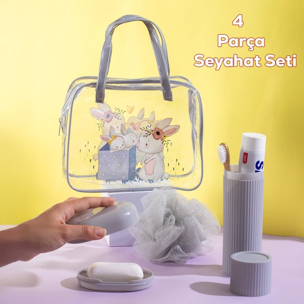 Porsima 3145 Tavşan Figürlü Seyahat Seti - Diş Fırçası Kutusu Banyo Lifi Sabun Kutusu Seyahat Çantası Gri ürün görseli 1