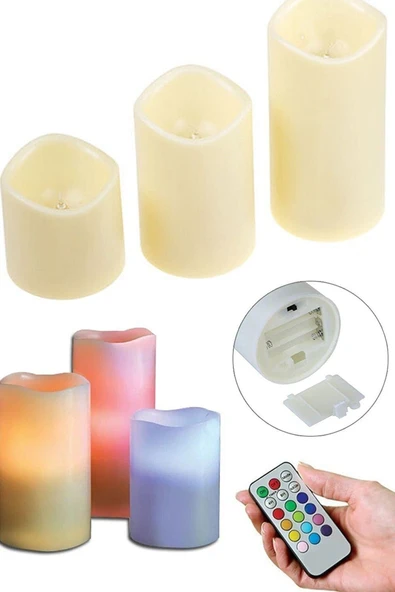 3'lü Kumandalı Led Mum Seti 12 Farklı Renk (3 Boy Mum Ve Uzaktan Kumanda) ürün görseli 1