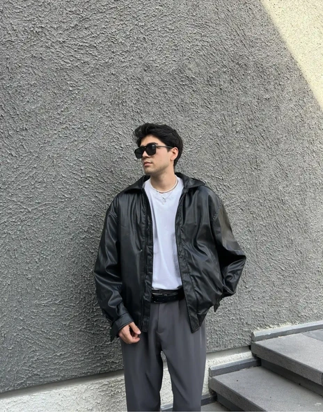 Premium Oversize Vintage Deri Ceket - Resim 5