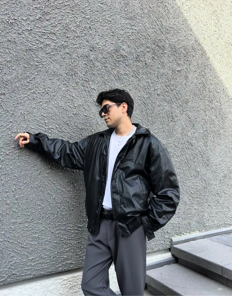 Premium Oversize Vintage Deri Ceket - Resim 7