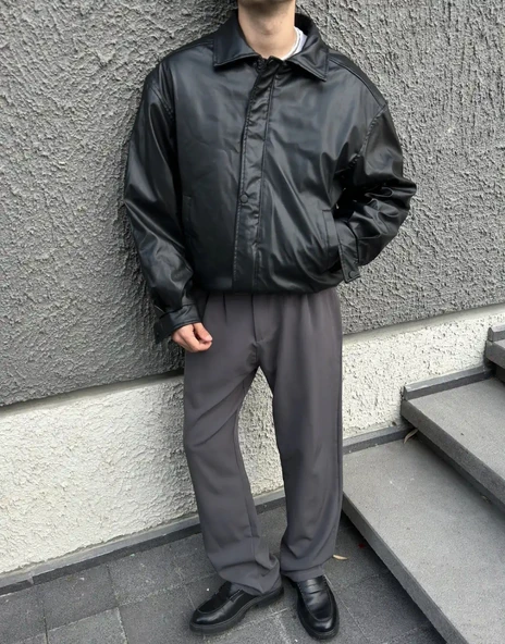 Premium Oversize Vintage Deri Ceket - Resim 2