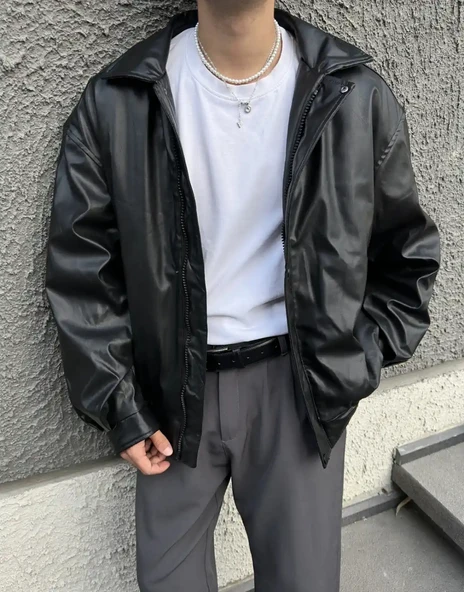 Premium Oversize Vintage Deri Ceket ürün görseli 1