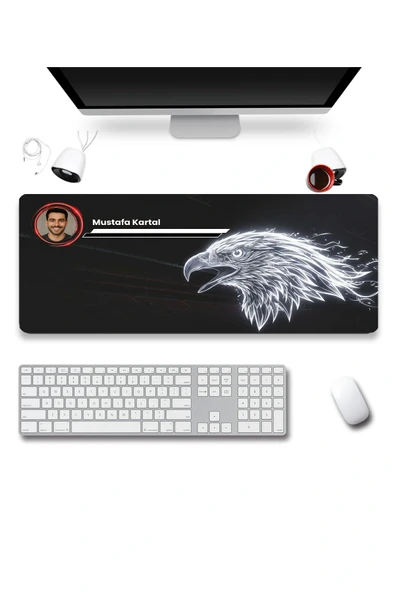 SonicTouch Kişiye isme Özel Kartal Figürlü Siyah Beyaz Fotoğraflı XXL Dikişsiz Gamer Klavye Mousepad 40x90cm ürün görseli 1