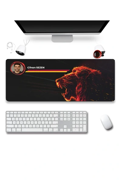 SonicTouch Klavye Mousepad 40x90cm aslan figürlü sarı kırmızı kişiye özel isimli fotoğraflı ürün görseli 1