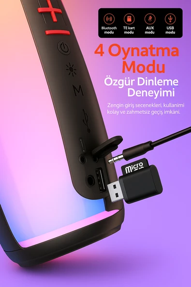 MY BLACK Bluetooth Hoparlör  USB  AUX  TF Kart Desteği Renkli LED Işık Efektli Taşınabilir Ses Bombası ürün görseli 1