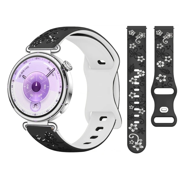 Huawei Watch GT6 41mm Uyumlu FloraFlex Çiçek Desenli Yumuşak Soft Silikon Kordon  Siyah Beyaz ürün görseli 1