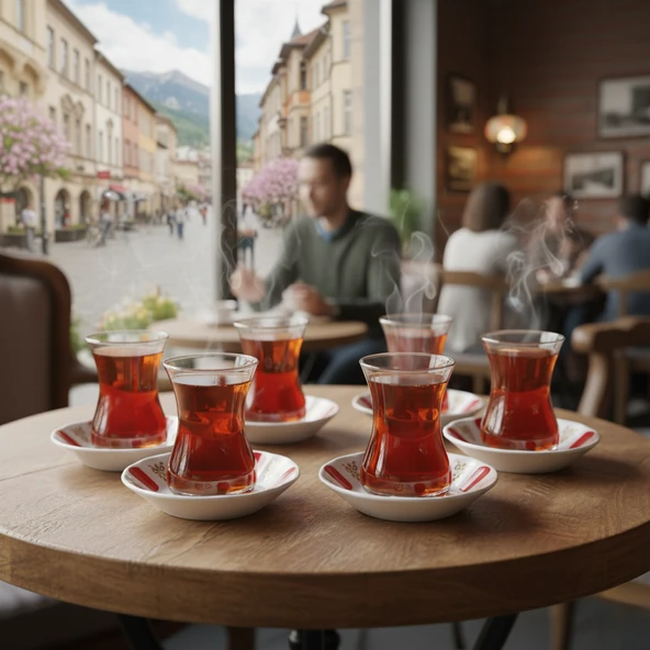 Paşabahçe 6'lı Çay Bardağı 130cc ve Porland Porselen 6'lı Çay Tabağı Set (Kolye,Küpe Hediyeli) ürün görseli 1